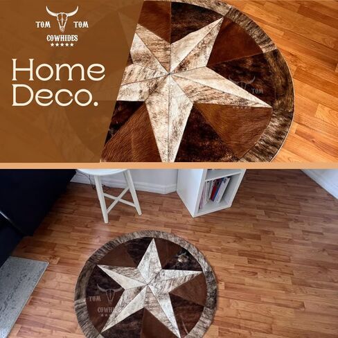 سجادة من جلد البقر، جلد بني فاتح، مساحة دائرية مرقعة على شكل نجمة 40 بوصة، لتزيين غرف النوم وغرف الطعام وغرف المعيشة in Kuwait