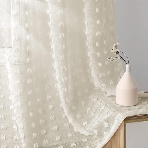 Guken Grommet Pom Pom Sheer Curtains 84 Inch Length 2 Panels for Living Dining Room Textured Curtain for Bedroom Light Filtering Semi Sheer Voile Boho Farmhouse Curtain Panels,Nature,W38xL84 in Saudi Arabia