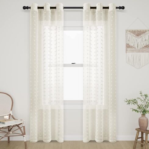 Guken Grommet Pom Pom Sheer Curtains 84 Inch Length 2 Panels for Living Dining Room Textured Curtain for Bedroom Light Filtering Semi Sheer Voile Boho Farmhouse Curtain Panels,Nature,W38xL84 in Saudi Arabia
