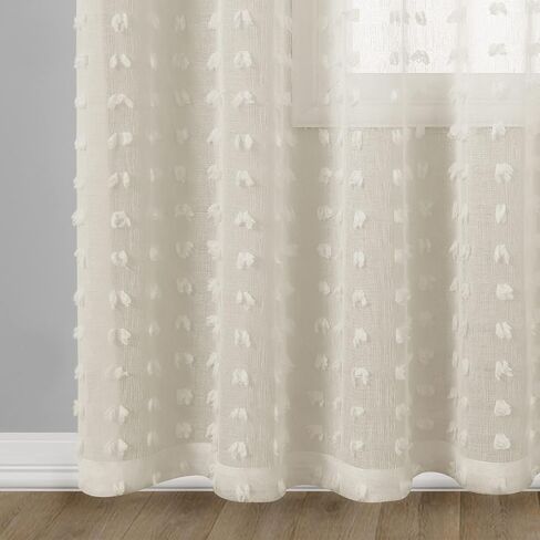 Guken Grommet Pom Pom Sheer Curtains 84 Inch Length 2 Panels for Living Dining Room Textured Curtain for Bedroom Light Filtering Semi Sheer Voile Boho Farmhouse Curtain Panels,Nature,W38xL84 in Saudi Arabia