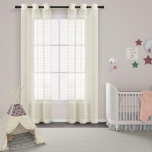Guken Grommet Pom Pom Sheer Curtains 84 Inch Length 2 Panels for Living Dining Room Textured Curtain for Bedroom Light Filtering Semi Sheer Voile Boho Farmhouse Curtain Panels,Nature,W38xL84 in Saudi Arabia