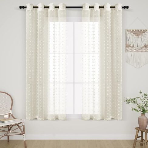 Guken Grommet Pom Pom Sheer Curtains 84 Inch Length 2 Panels for Living Dining Room Textured Curtain for Bedroom Light Filtering Semi Sheer Voile Boho Farmhouse Curtain Panels,Nature,W38xL84 in Saudi Arabia