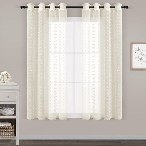 Guken Grommet Pom Pom Sheer Curtains 84 Inch Length 2 Panels for Living Dining Room Textured Curtain for Bedroom Light Filtering Semi Sheer Voile Boho Farmhouse Curtain Panels,Nature,W38xL84 in Saudi Arabia