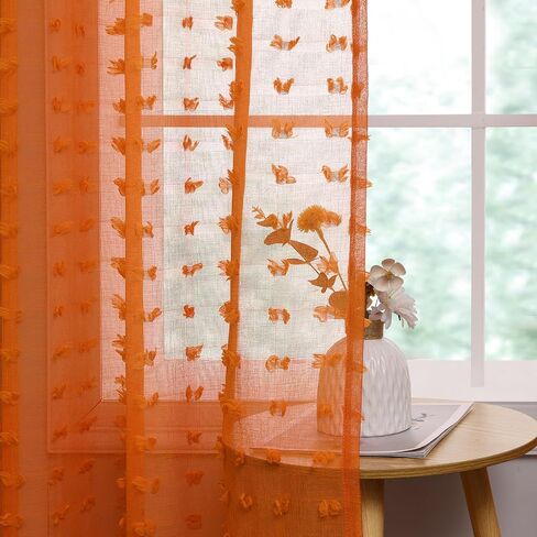 Guken Grommet Pom Pom Sheer Curtains 84 Inch Length 2 Panels for Living Dining Room Textured Curtain for Bedroom Light Filtering Semi Sheer Voile Boho Farmhouse Curtain Panels,Nature,W38xL84 in Saudi Arabia