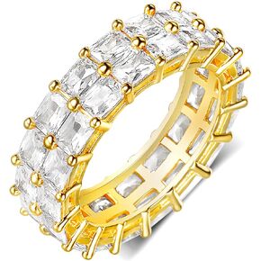 14K Gold Plated Rings, 2 Row Cubic Zirconia Emerald Cut Eternity Rings Gold Wedding Band for Women Men