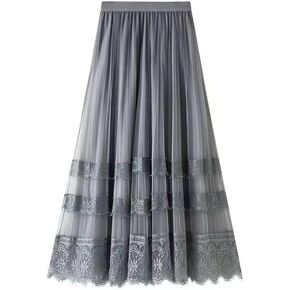 Sigdio Women Midi Skirt Elastic High Waist Lace Tulle Skirt Pleated Skirt