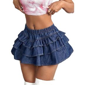 Women's Y2K Solid Drop Low Waist Pleated A Line Skirt Casual Tiered Layer Ruffle Hem Tiered Mini Denim Skirt