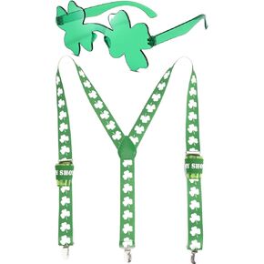 Wonder Collection St-Patricks-Day Accessories Suspenders - 2Pack: Party Favors Green Shamrock Glasses & Suspender : Saint Patrick Costume(Once Size Fit Most)
