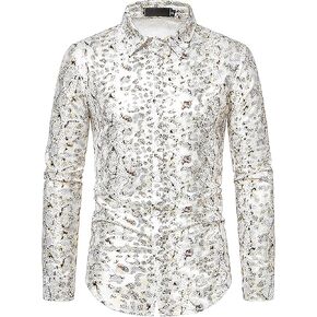 LiveZou Men's Luxury Baroque Shiny Print Shirt, Long Sleeve Button Up Dress Shirts, Vibrancy Patchwork Shirts in Kuwait