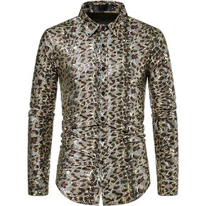 LiveZou Men's Luxury Baroque Shiny Print Shirt, Long Sleeve Button Up Dress Shirts, Vibrancy Patchwork Shirts