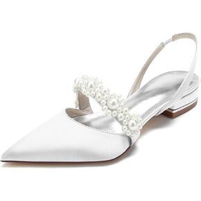 Women's Closed Toe Satin Pearl Wedding Flats Slingback Flats for Bride Prom Evening Bridal Party Dress Flats