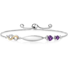 Gem Stone King 925 Silver and 10K Yellow Gold Infinity Lab Grown Diamond Engraved Initial ID Tennis Bracelet for Women Heart Shape Purple Amethyst (0.69 cttw, Fully Adjustable Up to 9 Inch)