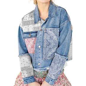 Women's Cropped Denim Jacket Paisley Bandana Floral Print Jean Jacket Button Down Short Coats Outwear