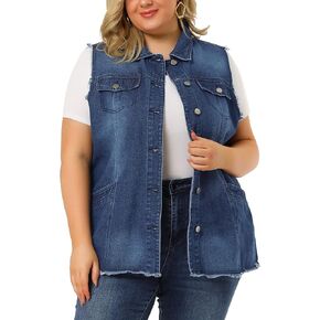 Agnes Orinda Denim Jackets for Women 2024 Plus Size Button Front Lapel Frayed Washed Sleeveless Long Jean Vest