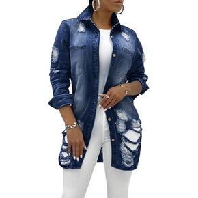 loveimgs Women's Fashion Streetwear Button Down Destroyed Holes Boyfriend Ripped Denim Shirt Jacket