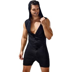 Crongless Men's Sexy Hoodie Jumpsuit,Party Sleeveless Sport Button-Down Short Slim Fit Elasticity Sleepwear XXL Black Grey