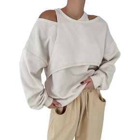 Floerns Women's 2 in 1 Cut Out Front Solid Oversized Long Sleeve Sweatshirt