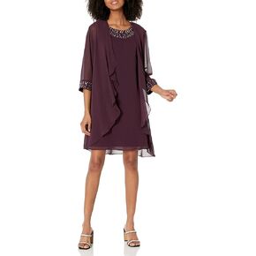 S.L. Fashions Women's Chiffon Tier Jacket Dress with Beaded Neck and Cuffs