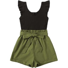 OYOANGLE Women's Color Block Notched Neck Ruffle Cap Sleeve Belted Tank Romper Short Jumpsuits