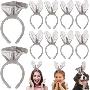 10 Pcs Easter Bunny Ears Headband Plush Easter Bunny Headband Fluffy Rabbit Ears Hairband Gifts for Kids Adults Easter Halloween Birthday Party Cosplay Costume Accessories (Gray)