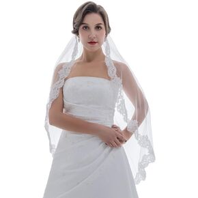 SAMKY 1T 1 Tier Flower Scallop Embroided Lace Tassle Veil Fingertip Length 36"