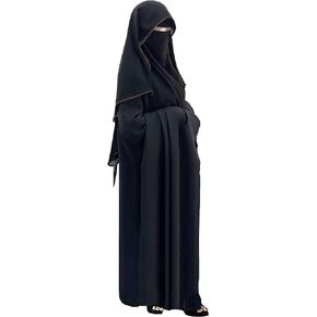 Saudi Chiffon First Class Quality Long Saudi Niqab Burqa Hijab Face Cover Veil Islam Islamic Jilbab ( Black x Dark Brouwn Satin )