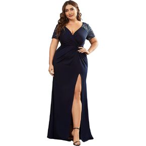 Ever-Pretty Plus Women's Plus Size Double V-Neck Ruched Bust Short Sleeves Sequin Appliques Maxi Formal Dresses 01669-DA