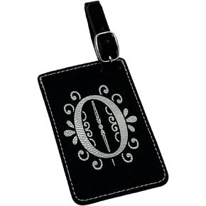 Floral Luggage Tag Initials-Engineered Leather, Individual Letters-Personalized Monogram Luggage Tags, Blue or Black (Black, T)