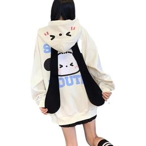 Kawaii هوديي سستة Harajuku جرو الأذن الطويلة عادية فضفاض مقنعين البلوز Cutecore Y2k البلوفرات الجرافيك