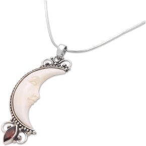 NOVICA Artisan Handmade Garnet Bone Pendant Necklace Crescent Moon from Bali .925 Sterling Silver Indonesia Sun Birthstone 'Natural Moonlight'