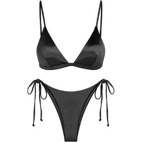 ZAFUL Women's Shiny Silky Bikini Sets Sexy Triangle Two Piece Swimsuit 2024 Tie Side Thong High Cut Cheeky Bathing Suit