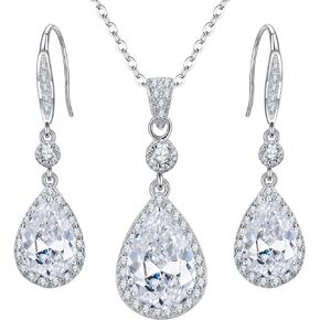 EleQueen 925 Sterling Silver Full Cubic Zirconia Teardrop Bridal Pendant Necklace Hook Dangle Earrings Sets for Women, Valentine's Day/Mother's Day/Christmas Jewerly Gift for Girlfriend/Mom
