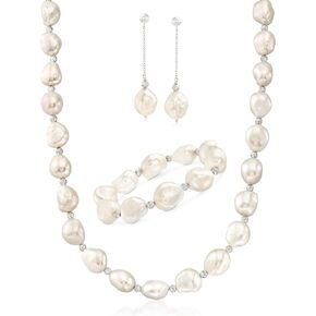 Ross-Simons 11-12mm Cultured Baroque Pearl and Sterling Silver Jewelry Set: Earrings, Bracelet and Necklace. 18 inches
