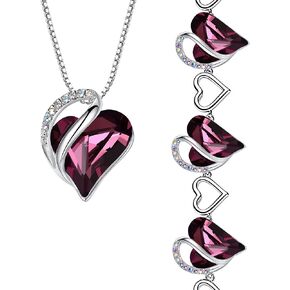 Leafael Infinity Love Heart Necklace and Bracelet for Women, February Birthstone Crystal Jewelry, Silver Tone Bundle Gifts for Women, Amethyst Pink