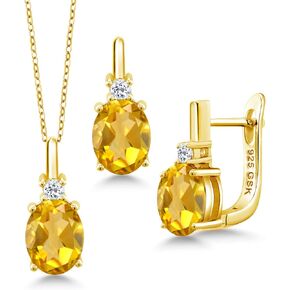 Gem Stone King 18K Yellow Gold Plated Silver Yellow Citrine and White Topaz Pendant and Earrings Jewelry Set For Women (4.59 Cttw, Gemstone Birthstone, with 18 inch Chain)