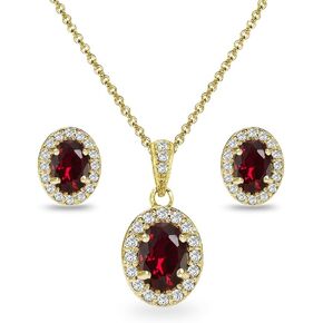 B. BRILLIANT Yellow Gold Flashed Sterling Silver Genuine, Created or Simulated Gemstone & CZ Oval Halo Necklace & Stud Earrings Jewelry Set for Women Girls Bridesmaids with Gift Box