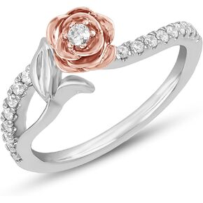 Jewelili Enchanted Disney Fine Jewelry Sterling Silver and 10K Rose Gold With 1/5 Cttw Diamond Belle Rose Ring