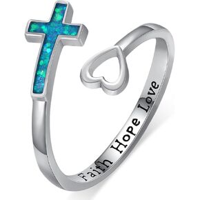 Faith Cross Ring 925 Sterling Silver Faith Hope Love Ring Blue Opal Open Rings Faith Purity Christian Rings Inspirational Jewelry Gifts for Women