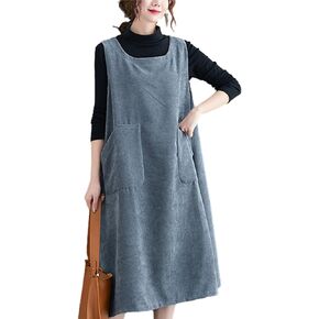 ellazhu Women's Round Neck Overall Corduroy Pinafore Pullover Jumper Dress GZ60
