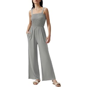 Ivicoer Women's Jumpsuits Sleeveless Smocked Wide Leg High Waist Rompers with Pockets S-XL