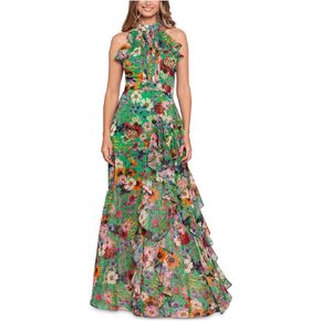 Betsy & Adam Women's Halter Chiffon Print Ruffled Gown