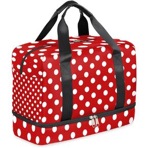 Polka Dot Sports Gym Bag with Shoes Compartment, Red and White Polka Dot Travel Duffel Bag Tote Weekender Bag Overnight Bag Workout Bag for Women Men Boys Girls