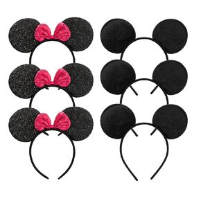 CHuangQi Mouse Ears Solid Black and Bow Minnie Headband for Boys & Girls Birthday Party or Celebrations (Pack of 6)