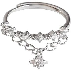 Dainty CZ Dangle Star chain Ring S925 Sterling Silver for Women Girls Cubic Zirconia diamond Adjustable Statement Wedding Engagement Anniversary Rings Eternity Finger Band Dainty Jewelry Gifts for Her Girlfriend BFF