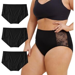INNERSY Women's Plus Size Floral Lace Nylon Underwear High Waisted Panties 3-Pack