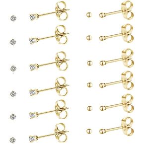 2mm 20g Tiny Cubic Zirconia Ball CZ Cartilage Stud Earrings For Women Mens Girls Stainless Steel Small Post Hypoallergenic Sets (12Pairs gold)