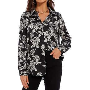 Women’s Casual Satin Floral Blouses V Neck Long Sleeve Button Down Shirts Loose Dressy Flowy Tops
