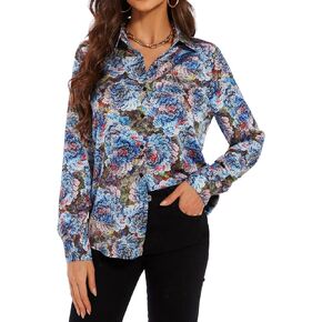 Women’s Casual Satin Floral Blouses V Neck Long Sleeve Button Down Shirts Loose Dressy Flowy Tops