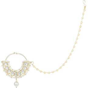 I Jewels Bollywood Gold Plated Ethnic Bridal Nose Ring/Nath Without Piercing with Pearl Chain Encased with Pearl Stone for Women/Girls