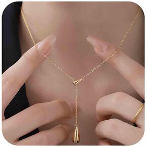 Boho Teardrop Choker Necklace Tiny Waterdrop Y Lariat Necklace Gold Y Necklace Droplet Necklace Chain Jewelry for Women and Girls